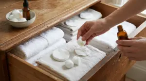 Mani con cotone e flacone di essenza in un cassetto con asciugamani, per profumare contro odore di chiuso e muffa