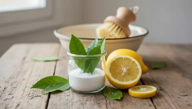 Limone tagliato, foglie di alloro e bicarbonato su un tavolo, rimedi naturali per la pulizia della casa