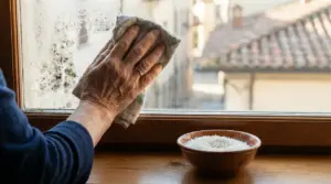 Una mano pulisce un vetro appannato con condensa vicino a una ciotola di riso