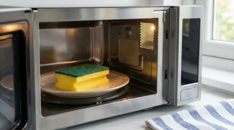 Spugnetta da cucina su un piatto dentro il microonde aperto, pronta per essere disinfettata