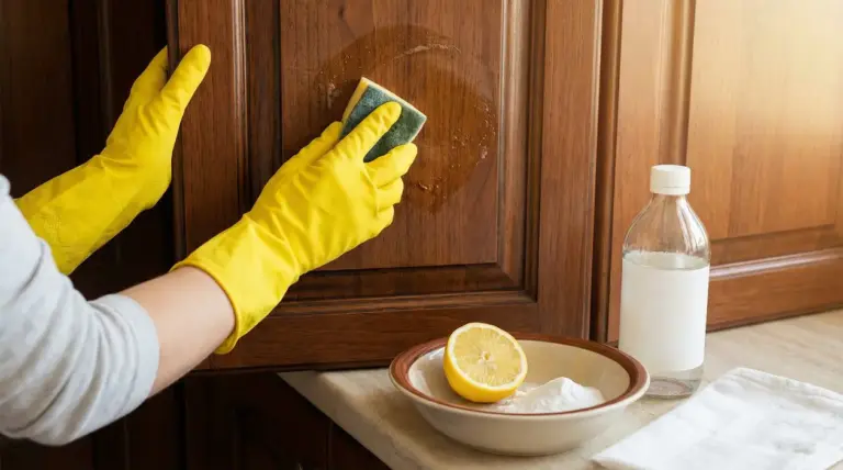 Persona con guanti gialli pulisce un mobile da cucina in legno con spugna, limone e aceto sul piano