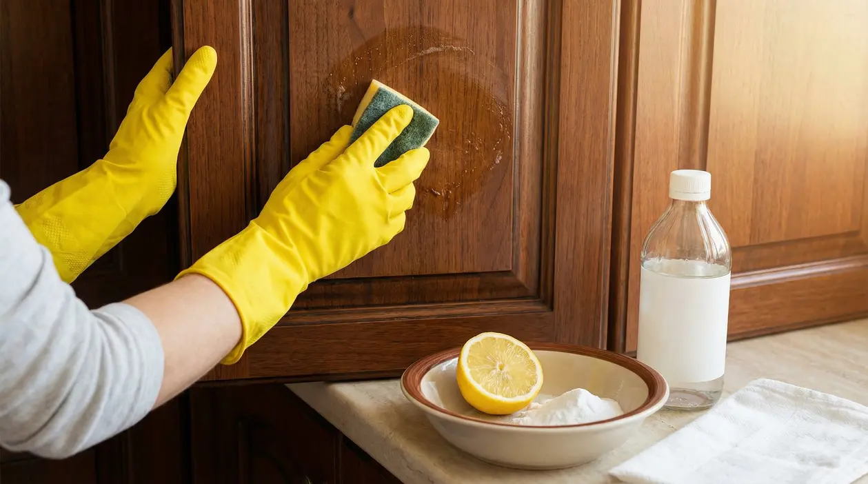 Persona con guanti gialli pulisce un mobile da cucina in legno con spugna, limone e aceto sul piano
