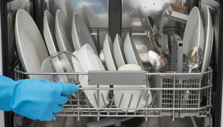 Mano con guanto blu usa uno stuzzicadenti per pulire il cestello della lavastoviglie tra piatti e posate