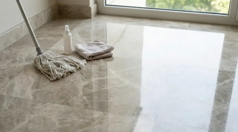 Pavimento in marmo lucido vicino a una finestra con mocio, panno e flacone per la pulizia