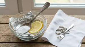 Ciotola con limone, bicarbonato e foglio di alluminio accanto a posate e gioielli d'argento su panno bianco