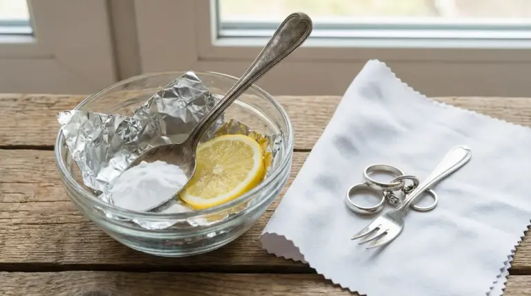Ciotola con limone, bicarbonato e foglio di alluminio accanto a posate e gioielli d'argento su panno bianco