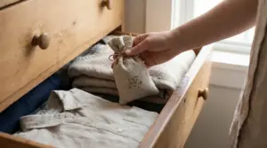 Mano che inserisce un sacchetto profumato naturale in un cassetto di legno con vestiti piegati