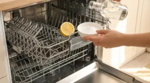 Persona versa aceto e bicarbonato nella lavastoviglie aperta con mezzo limone, per eliminare odori e grasso