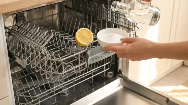 Persona versa aceto e bicarbonato nella lavastoviglie aperta con mezzo limone, per eliminare odori e grasso