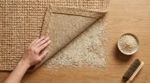 Mano che solleva un tappeto in juta su pavimento in legno con granuli naturali sotto per evitare che scivoli