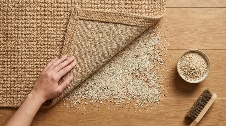 Mano che solleva un tappeto in juta su pavimento in legno con granuli naturali sotto per evitare che scivoli