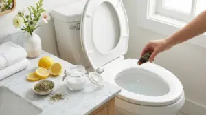 Una mano versa olio essenziale nel wc accanto a limoni, bicarbonato e rosmarino su un ripiano del bagno
