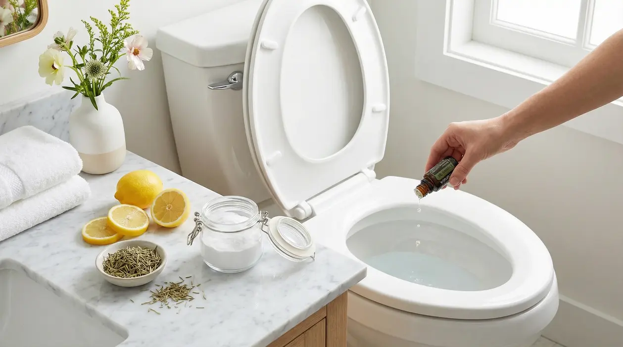 Una mano versa olio essenziale nel wc accanto a limoni, bicarbonato e rosmarino su un ripiano del bagno