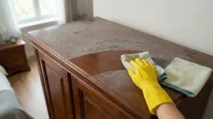 Mano con guanto giallo mentre pulisce la polvere sopra un armadio in legno con un panno