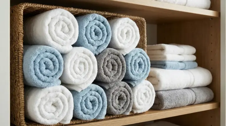 Asciugamani arrotolati e piegati ordinati su uno scaffale, in cestino di vimini, per risparmiare spazio