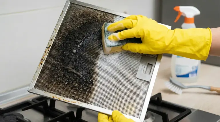 Pulizia di un filtro della cappa da cucina sporco di grasso con una spugna e guanti di gomma