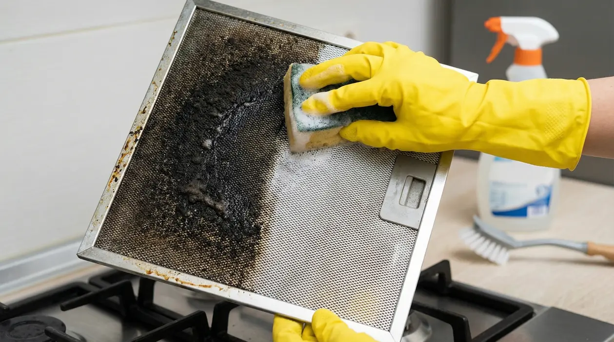 Pulizia di un filtro della cappa da cucina sporco di grasso con una spugna e guanti di gomma