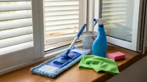 Persiane bianche aperte con panno, spray e strumenti per la pulizia sul davanzale della finestra