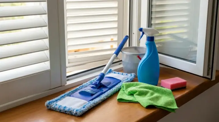 Persiane bianche aperte con panno, spray e strumenti per la pulizia sul davanzale della finestra