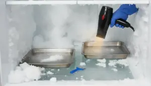 Sbrinamento del freezer con phon e guanto, con vassoi e brina rimossa all’interno