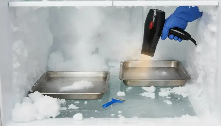Sbrinamento del freezer con phon e guanto, con vassoi e brina rimossa all’interno