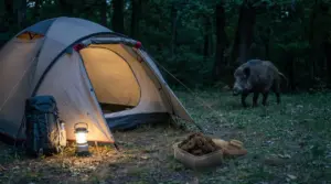 Tenda da campeggio illuminata nel bosco con un cinghiale che si avvicina sullo sfondo