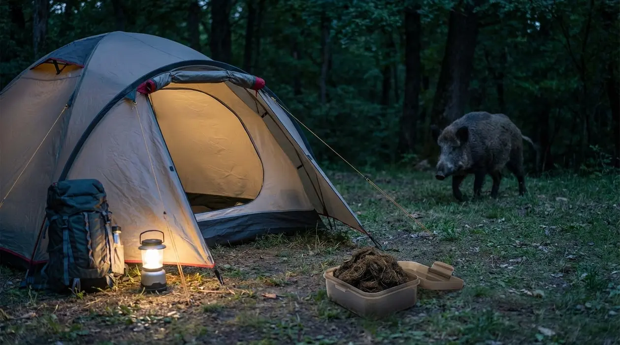 Tenda da campeggio illuminata nel bosco con un cinghiale che si avvicina sullo sfondo