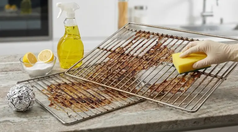 Pulizia di griglie del barbecue o del forno incrostate con spugna, limone e detergente sgrassante