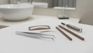 Pinzetta e strumenti per sopracciglia su un asciugamano, con spazzolino e matite per definire e riempire