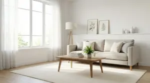 Soggiorno luminoso con divano chiaro, tende leggere, tavolino in legno e grandi finestre