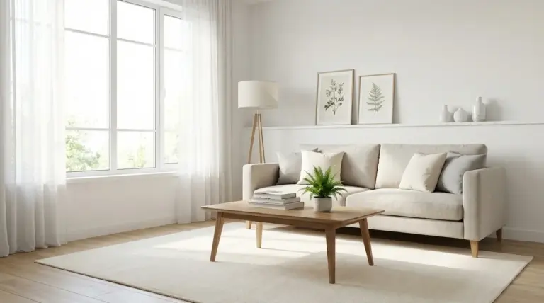 Soggiorno luminoso con divano chiaro, tende leggere, tavolino in legno e grandi finestre