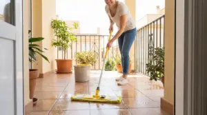 Una persona lava il pavimento del balcone con un mop, con secchio e piante in vaso sullo sfondo