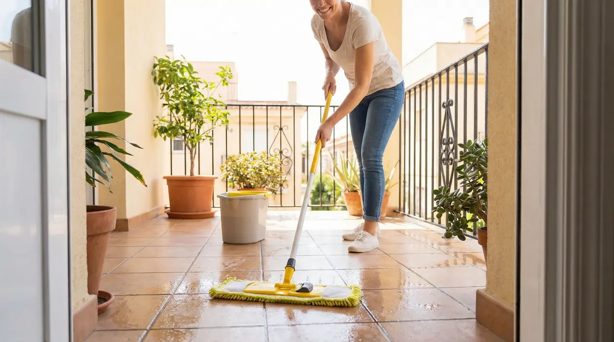 Una persona lava il pavimento del balcone con un mop, con secchio e piante in vaso sullo sfondo