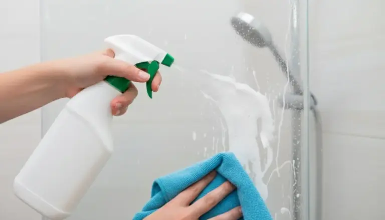 Persona che pulisce il vetro della doccia con spray detergente e panno in microfibra contro il calcare