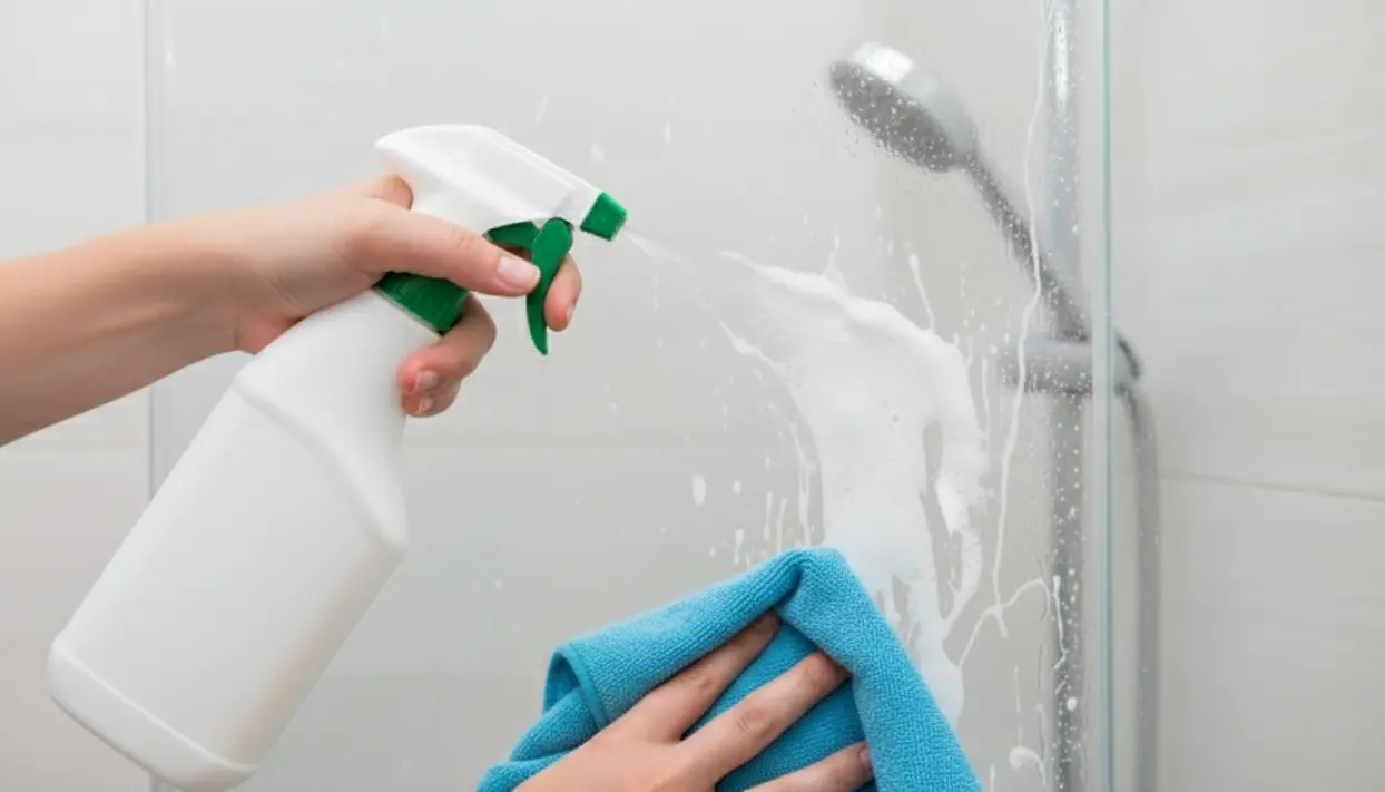 Persona che pulisce il vetro della doccia con spray detergente e panno in microfibra contro il calcare
