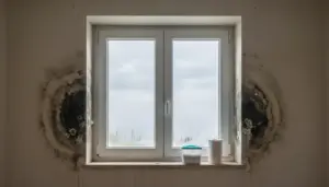 Finestra con condensa sui vetri e macchie di muffa e umidità ai lati del muro sotto l’infisso