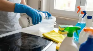 Persona con guanti versa ammoniaca in un secchio in cucina, con spugne e detergenti sul piano di lavoro