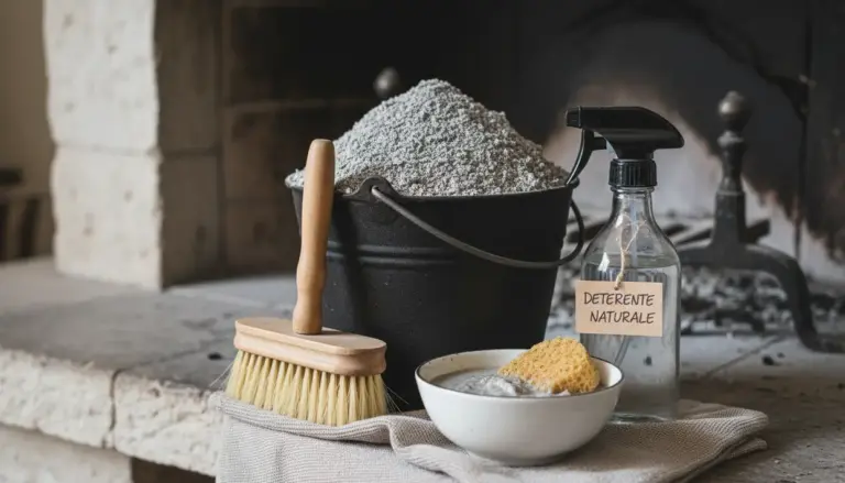 Secchio di cenere del camino con spazzola, spugna e spruzzino di detergente naturale vicino al focolare