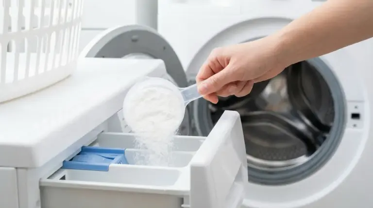 Una mano versa polvere bianca nel cassetto di una lavatrice