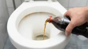 Una mano versa della cola all'interno del water per rimuovere lo sporco e il calcare