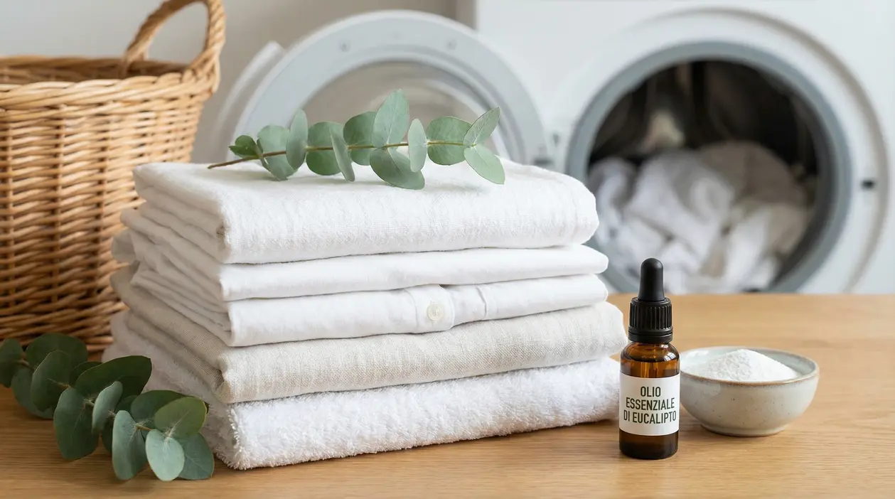 Panni bianchi piegati con rametto di eucalipto, flacone di olio essenziale e lavatrice sullo sfondo