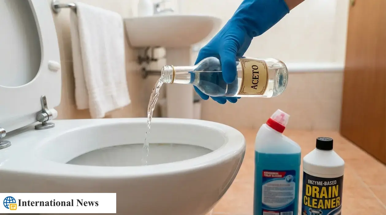 Mano con guanto versa aceto nel WC in bagno, con detergenti per scarichi e pulizia accanto al water