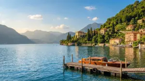 Barca ormeggiata su un molo in legno con vista sul Lago di Como e sulle ville circostanti
