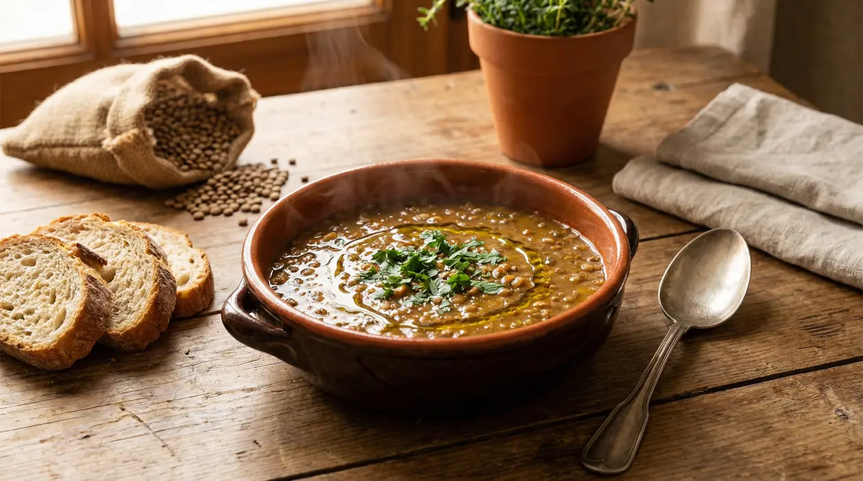 Zuppa di lenticchie calda in una ciotola di terracotta con pane a fette su tavolo rustico