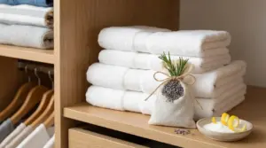 Asciugamani bianchi piegati in un armadio con sacchetto di lavanda e ciotolina con bicarbonato e scorza di limone