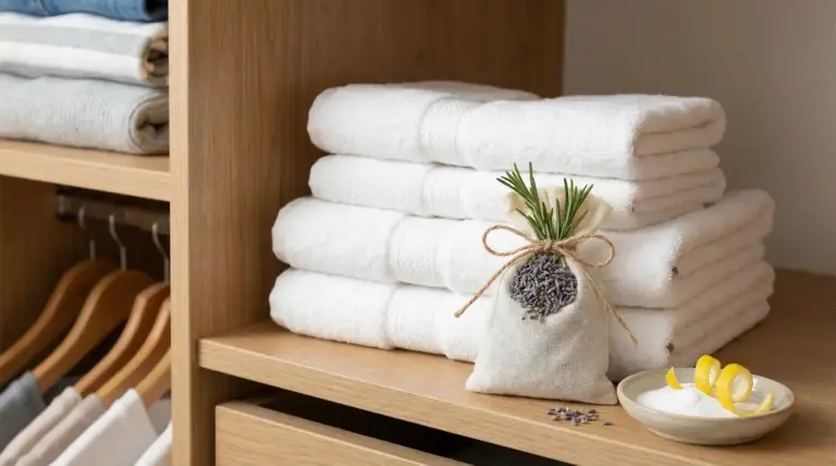 Asciugamani bianchi piegati in un armadio con sacchetto di lavanda e ciotolina con bicarbonato e scorza di limone