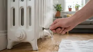 Mano che spurga un termosifone con chiave, con acqua che esce dalla valvola e asciugamano sul pavimento