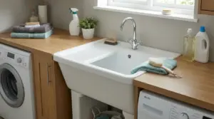 Vasca lavatoio in lavanderia con piano in legno, rubinetto e detergenti accanto a lavatrice e asciugatrice