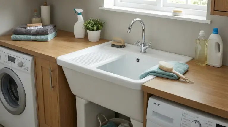 Vasca lavatoio in lavanderia con piano in legno, rubinetto e detergenti accanto a lavatrice e asciugatrice
