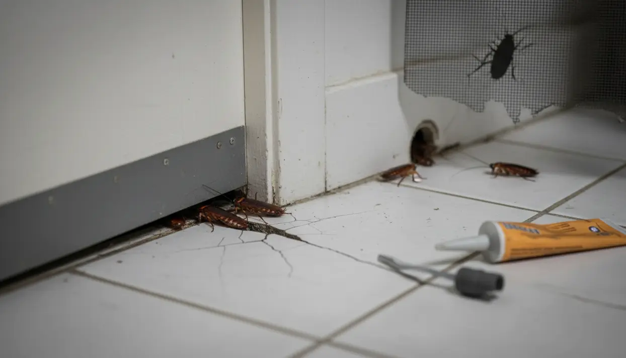 Scarafaggi vicino alla fessura sotto una porta e a un foro nel battiscopa su pavimento piastrellato